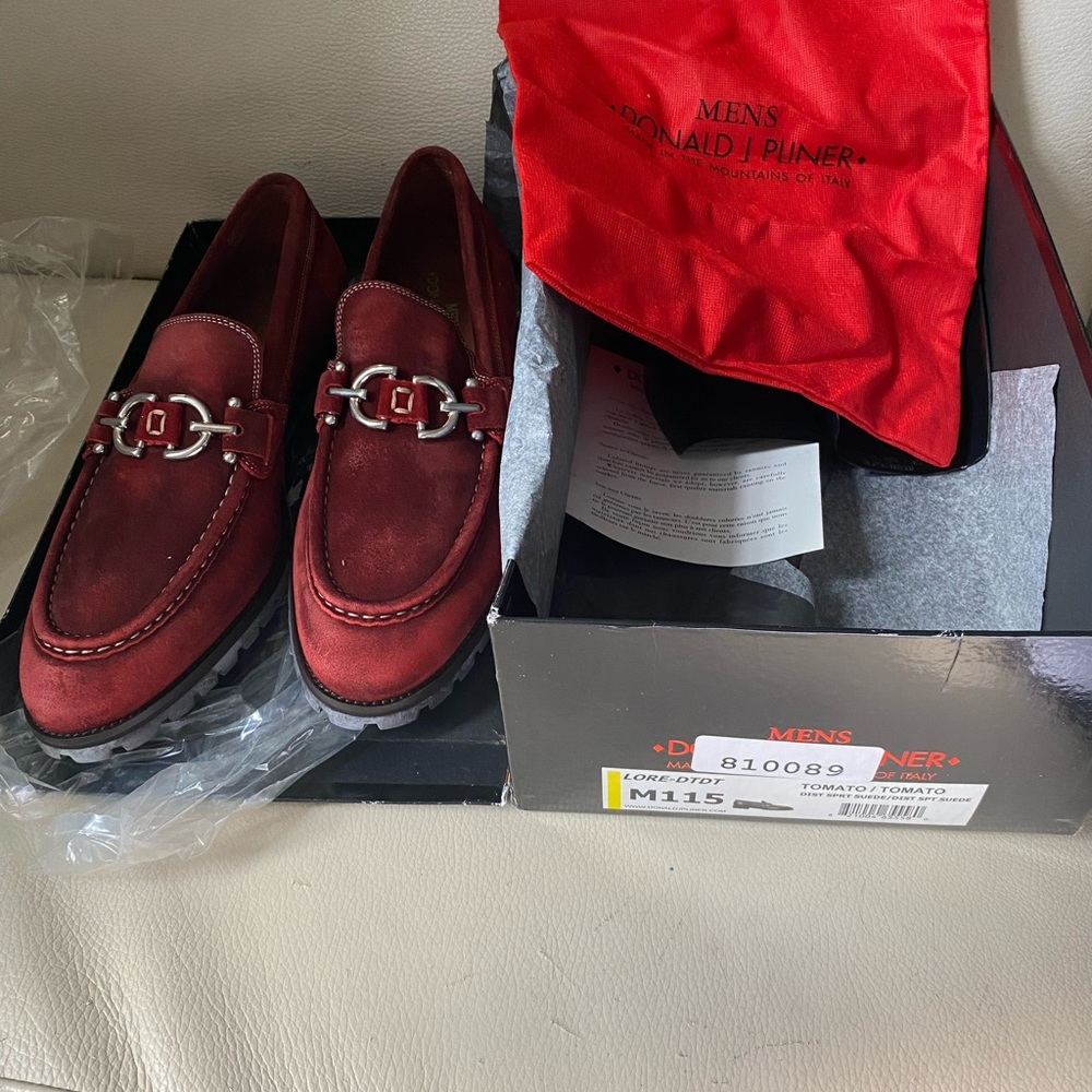 BRAND NEW WITH BOX AND SHOE BAG , size 11.5 DONALD PLINER RED SUEDE MENS SHOE.